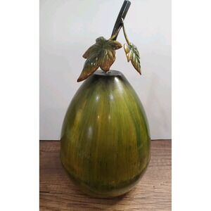 Kirklands 12" Metal Pear Decoration Green With Leaves And Stem